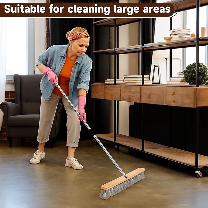 Maxdot 36" Push Broom with Stainless Steel Telescopic Handle,Polypropylene Bristles, Heavy Duty Push Large Broom with Handle for Smooth-Surface Home and Garage Sweeping