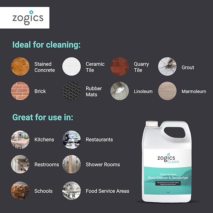 Zogics Enzyme Enriched Floor Cleaner & Deodorizer Concentrate, 128 oz - Makes up to 128 Gallons