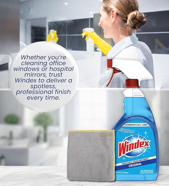 Commercial Line Glass and Surface Cleaner Spray 32 oz Bundle with Microfiber Cloth - Streak-Free Shine for Glass, Mirrors, and More - Window Cleaner with Ammonia-D Formula - (2 Items)