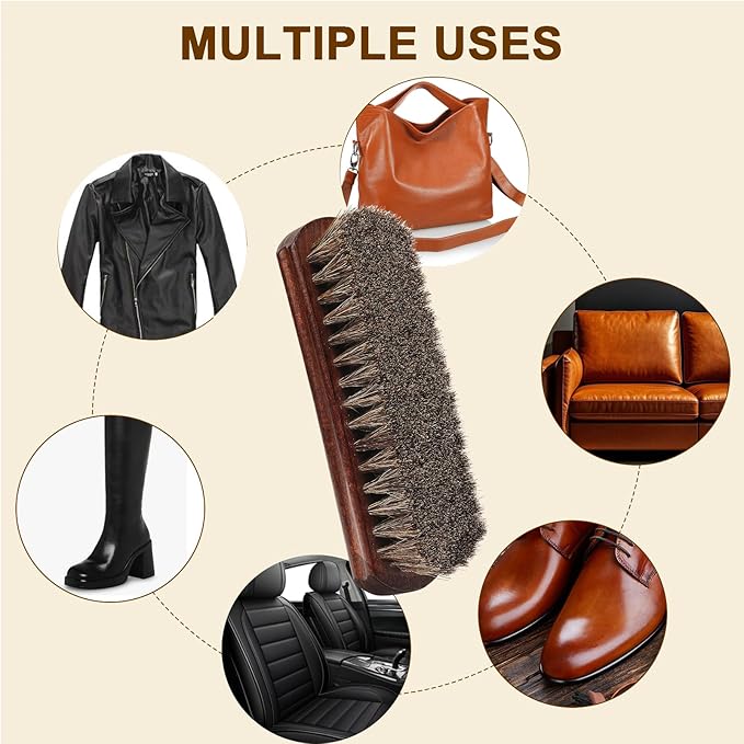 Professional 100% Horsehair Shoe Brush Premium Soft Horsehair Dauber Applicators for Leather Shoes, Boots, Coats & Purses, Curved Handle for Comfortable Grip, Perfect for Leather Shine & Polish