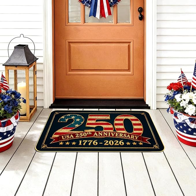 250th Door Mat, Patriotic Vintage USA Anniversary Outdoor Indoor Patio Entrance Door Mats Low Profile Non Slip Outside Inside Floor Mat Rugs for Home Decor, 29x17Inch