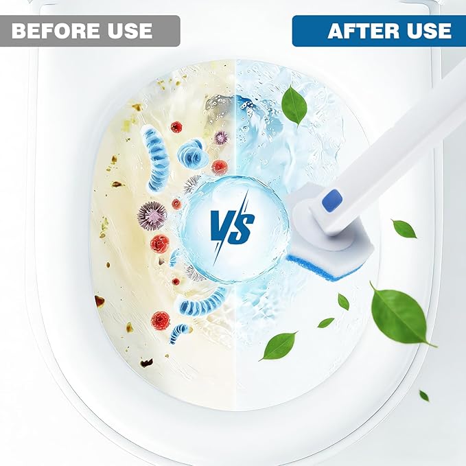 Disposable Toilet Brush Set with Holder, White and Blue, Includes 16 Cleaning Refills (1+16 Refills)