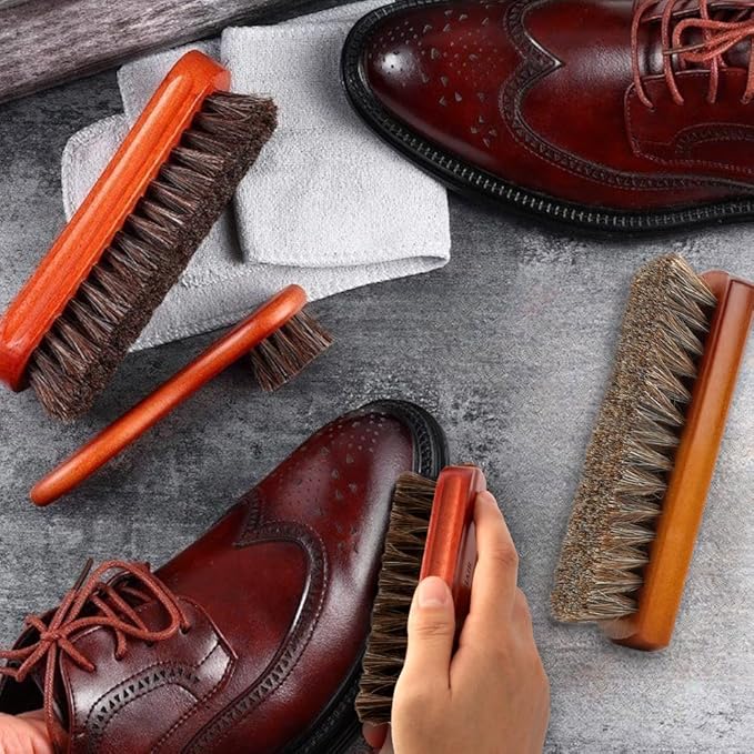 Shoe Brush, 2Pcs Shoe Cleaning Brush, Horsehair Shoe Brush, Shoe Brushes for Cleaning, Shoe Polish Brush, Boot Brush for Leather, Horse Hair Brush for Care Leather Shoes Clean Dauber Applicators