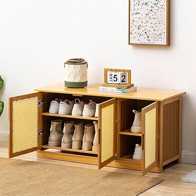 Shoe Storage Bench,Rattan Shoe Bench,Shoe Storage Bench Organizer,Entryway Shoe Bench with Plastic Rattan Doors,Shoe Rack Organizer Adjtable Shelves,Shoe Rack Organizer Space,for Bedroom
