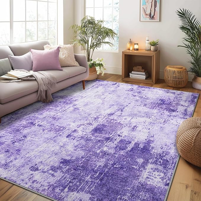 RELEANY Washable Area Rugs 5'x8' Non-Slip Modern Abstract Soft for Living Room Entryway Bedroom Nursery, Print Pattern, Purple Gray Pink White