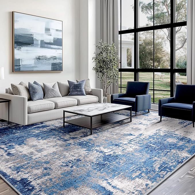 RELEANY Washable Area Rugs 5'x7' Non-Slip Modern Abstract Soft for Living Room Entryway Bedroom Nursery, Print Pattern, Blue Grey Navy Gray
