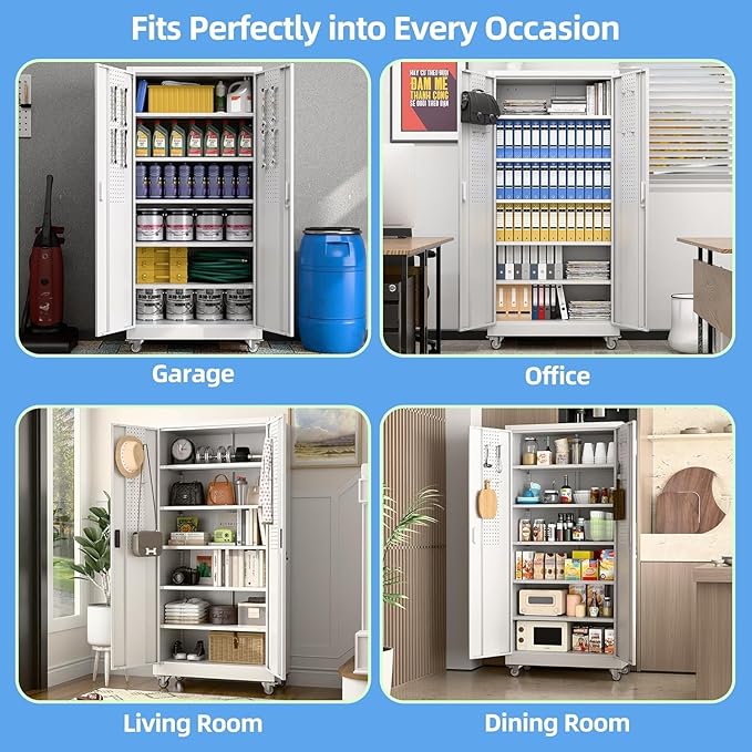 Reemoon Garage Storage Cabinet with Wheels and Pegboard, Metal Storage Cabinet with 5 Adjustable Shelves for Garage Warehouse Office Utility Room,Required Assembly,71" H×34" W×18" D,White