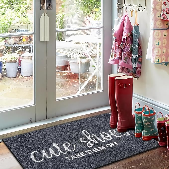 Welcome Mat Entryway Cute Shoes Take Them Off Front Door Mats 24"x 36" with Rubber Backing Out Doormat Non Slip Natural Doormats Grey