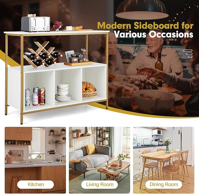 Giantex Buffet Sideboard, Wooden Cupboard, Kitchen Pantry w/Spacious Countertop, Large Open Shelf, 3 Cube Storage Cabinet, Sturdy Rustproof Steel Frame, Modern Stationary Island, White & Golden