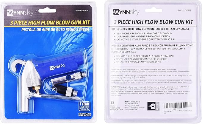 WWYNNsky High Flow Air Blow Gun with Rubber Tip and Xtreme Flow Nozzle, 120PSI, 1/4 Inch NPT Threads Inlet, Aluminum Body 3 Pieces Air Compressor Accessories Kit, Cleaning Air Tool for Garage and Shop