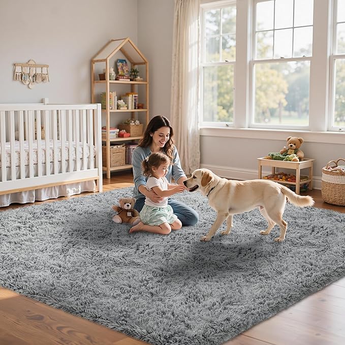5x7 Area Rug for Living Room:Ultra Soft Fluffy Shag Light Grey Rugs,Large Fuzzy Plush Indoor Non Slip Carpet Washable Rug for Bedroom Kids Nursery Office Dorm Modern Decor(Light Grey 5'x7')