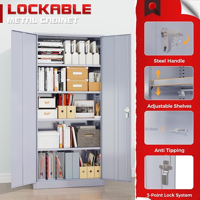 Bonusall 72" Metal Garage Storage Cabinet, Heavy-Duty Steel Cabinet with 2 Locking Doors & 5 Adjustable Shelves for Home