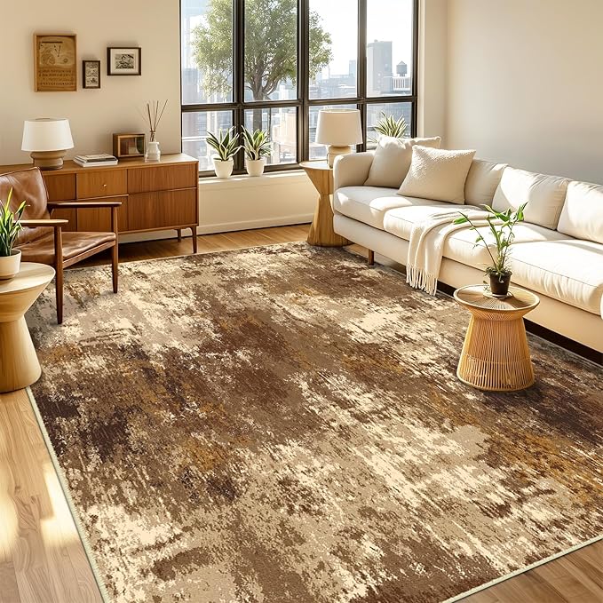 RELEANY Washable Area Rugs 2'x10' Non-Slip Modern Abstract Soft for Living Room Entryway Bedroom Nursery, Print Pattern, Brown Tan Beige Coffee