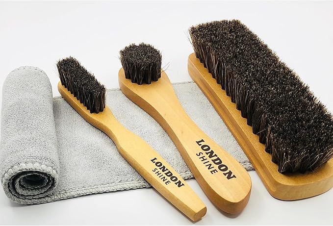 Horsehair Shoe Brush Kit 4 Piece – Premium Horsehair Shoe Brush Set for Leather Shoes & Boots, Shine Brush, Dauber Applicator, Suede Cleaner & Microfiber Cloth.