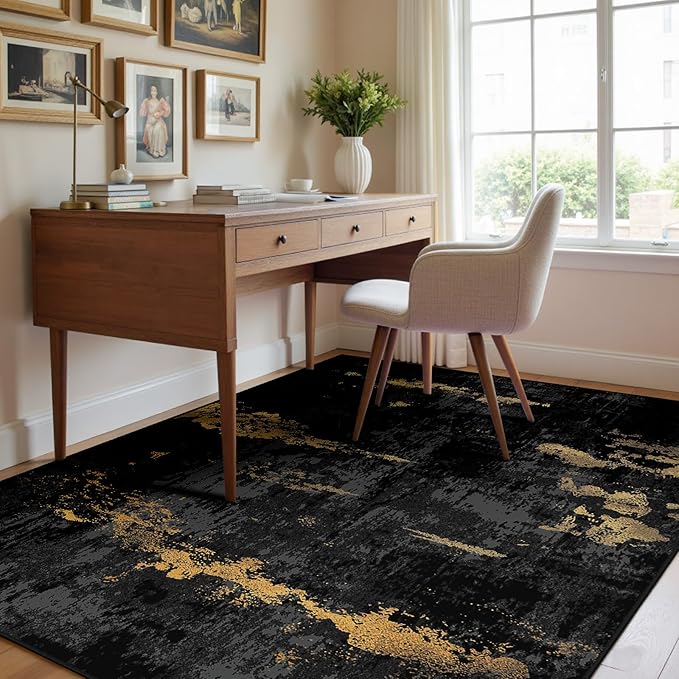 RELEANY Washable Area Rugs 3'x5' Non-Slip Modern Abstract Soft for Living Room Entryway Bedroom Nursery, Print Pattern, Dark Black Gold