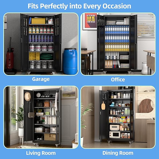 Reemoon Garage Storage Cabinet with Wheels, Metal Storage Cabinet with 5 Adjustable Shelves and Pegboard for Garage Home Utility Room,Required Assembly,Black,71" H×34" W×18" D