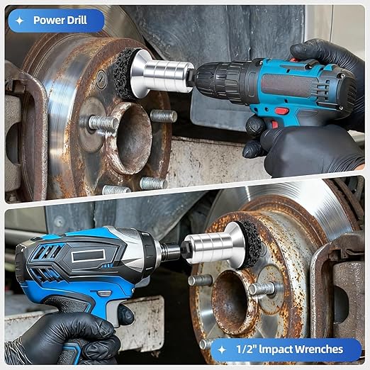 BURMONG Wheel Hub Cleaning Tool with Dual-Head Adapter, Brake Hub Cleaning Kit Includes 13 Pads for Rust Removal & Polishing, Wheel Stud Cleaner Compatible with Power Drill & 1/2" Impact Wrenches (13)