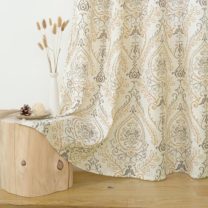 LAMIT Linen Curtains 54 inch Length 2 Panels for Living Room, Light Filtering Linen Sheer Curtains Grommet Vintage Damask Flower Pattern Window Drapes for Bedroom, 52 x 54 Inch, Yellow