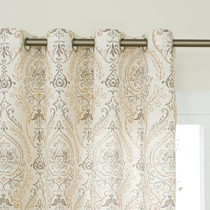 LAMIT Yellow Floral Linen Curtains 95 Inch Length, Vintage Damask Printed Curtains Grommet Light Filtering Rustic Cottage Drapes for Living Room/Bedroom, 2 Panels, Each 52 x 95 Inch