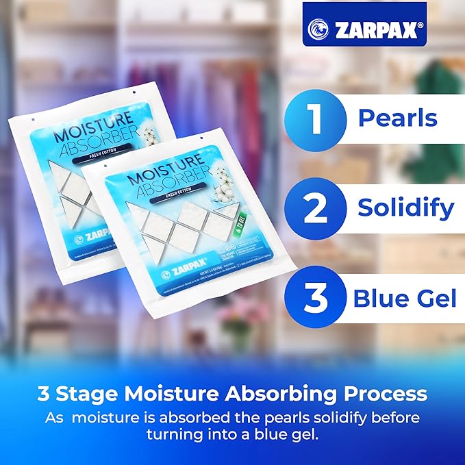 Zarpax Moisture Absorber Sachets Fresh Cotton 1.4 oz/40g - Remove Excess Moisture In Air & Odor - Desiccant Dehumidifier for Closet, Drawer, Safe, Storage - Dampness & Humidity Control - Set of 15