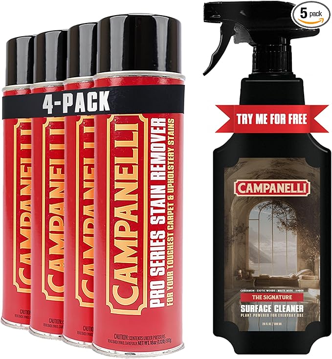 Campanelli Pro Series Stain Remover Point & Spray Carpet & Upholstery Cleaner for Pet Stains & Odors, Food Stains, Wine, Coffee, Dirt and More! – 4 Pack (18oz Each) + Signature Surface Cleaner 20oz