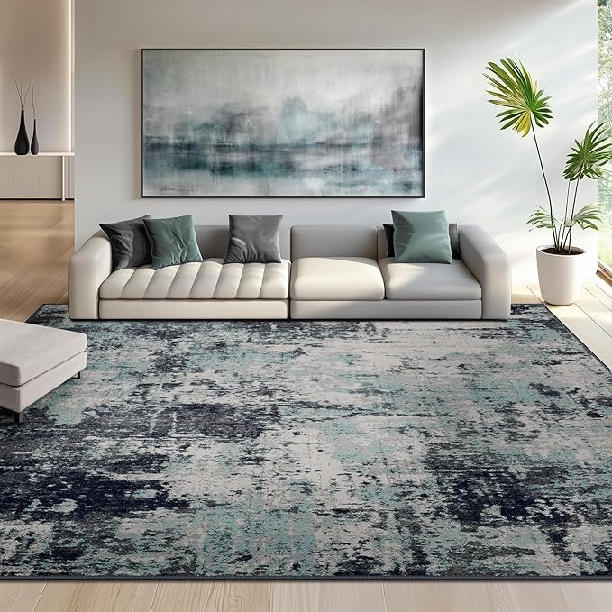 RELEANY Washable Area Rugs 8'x10' Non-Slip Modern Abstract Soft for Living Room Entryway Bedroom Nursery, Print Pattern, Blue Black Teal