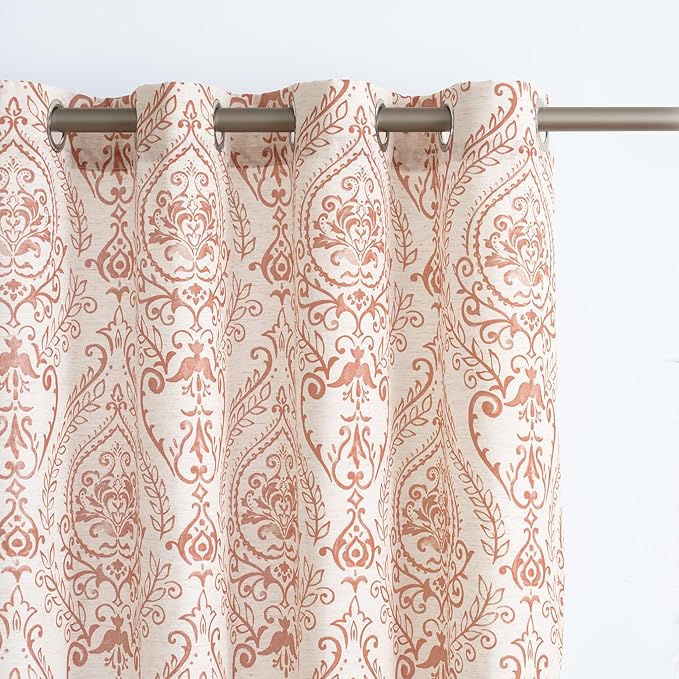 LAMIT Cafe Linen Curtains 45 inch Length for Small Windows, Light Filtering Semi Sheer Linen Curtains Grommet Vintage Damask Flower Pattern Drapes for Kitchen, 2 Panels, 34 x 45 Inch, Terracotta