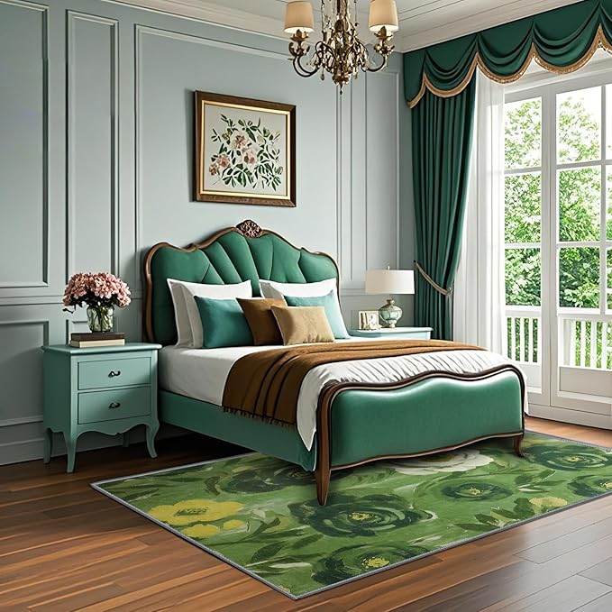 8x10 Camellia Floral Rugs, Modern Washable Flower Pattern Area Rug for Bedroom, Soft Large Non-Slip Kitchen Carpet Floor Door Mat for Living Room Dining Room Office - Green