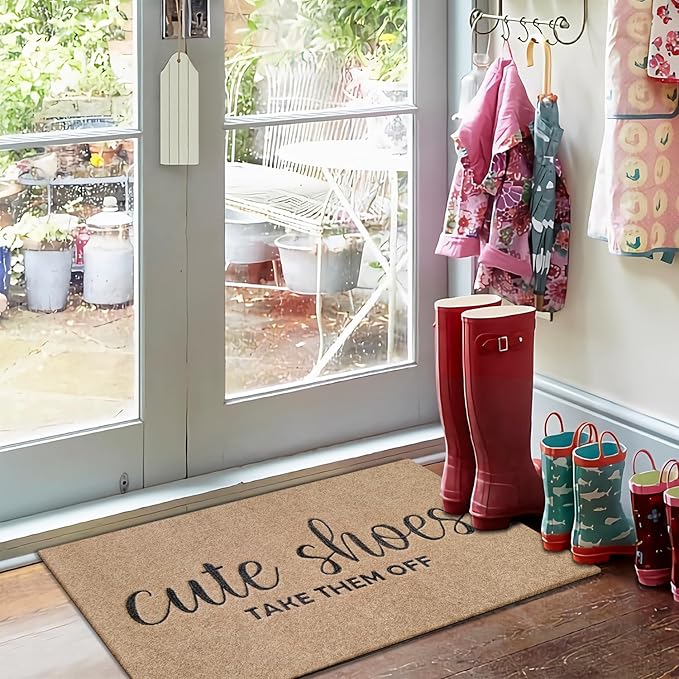 Welcome Mat for Front Door Outdoor Entryway Cute Shoes Take Them Off Indoor Mats with Rubber Backing Doormat Non Slip Easy to Clean Natural Outside Brown
