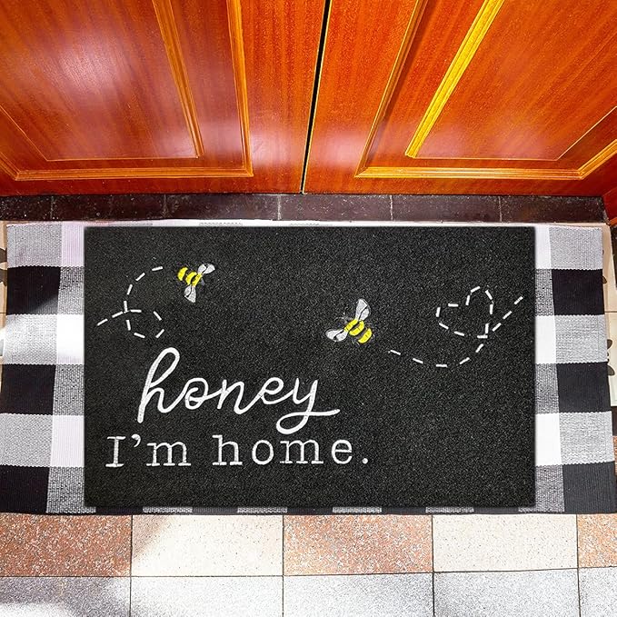 Large Door Mat Funny Front Doormat Kitchen Rugs Front Entrance Outdoor Indoor Bee Low Profile Non Slip Durable Rubber Doormats for Porch Patio Entry Kitchen Black 36X24 inch