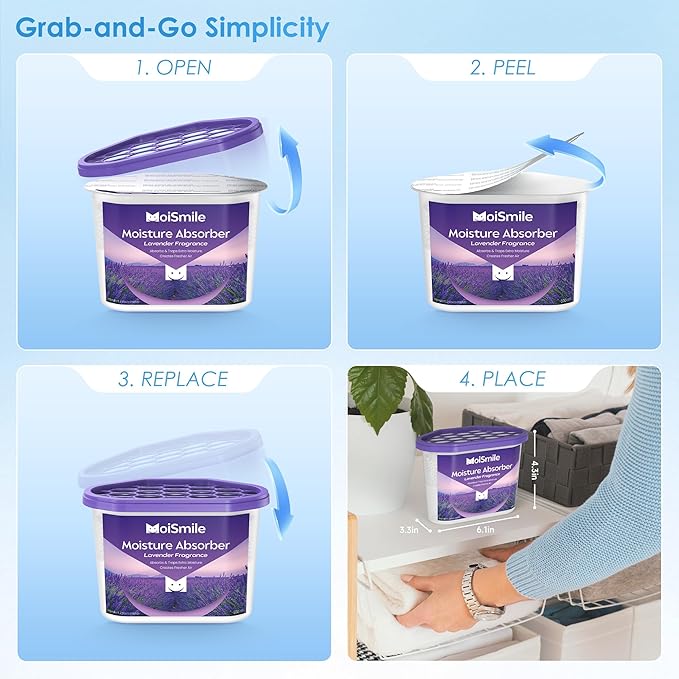 Moisture Absorbers, Efficient Lavender Vanilla Humidity Absorber & Odor Eliminator Boxes, Refillable Car Dehumidifier for Closet, Bathroom, Basement& RV, 3 Pack