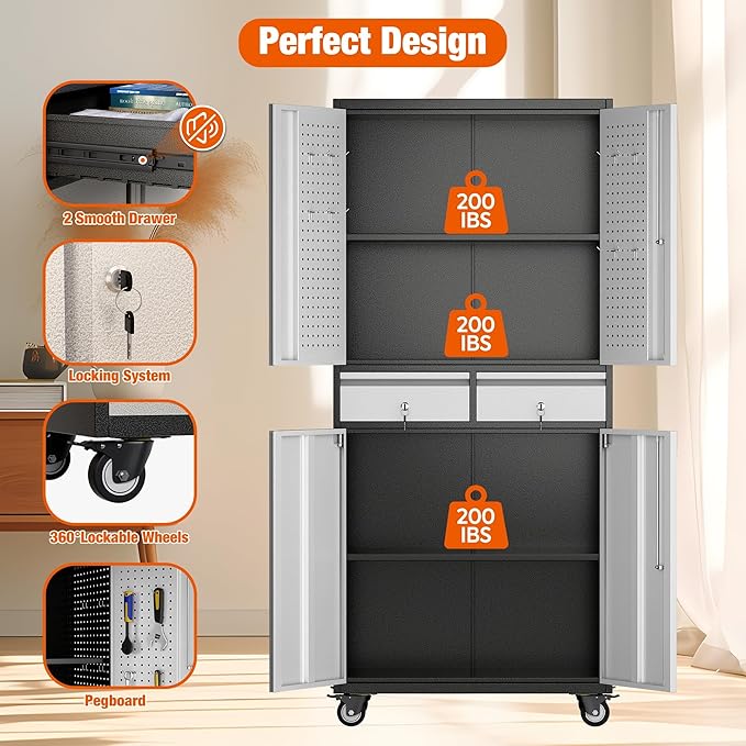 Reemoon Garage Storage Cabinet with Wheels and Doors,71" H Metal Storage Cabinet with Pegboard and 2 Drawers for Garage, Warehouse,Home,Required Assembly,Black and Silver