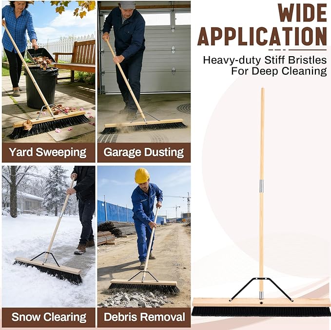 36 Inch Push Broom Indoor Outdoor Use, Heavy Duty Floor Sweep Brush with 60 Inch Wood Handle, Stiff Bristles for Concrete Garage Driveway Cleaning Snow Leaves Debris