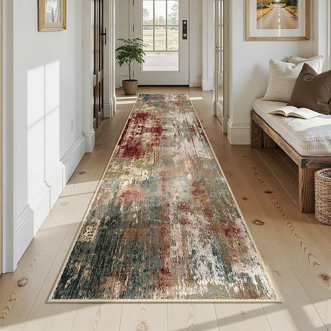 RELEANY Washable Area Rugs 2'6'' x14 Non-Slip Modern Abstract Soft for Living Room Entryway Bedroom Nursery, Print Pattern, Brown Rust Red Green Blue Multi