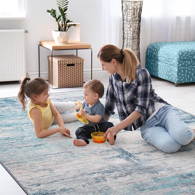 Abstract 6x8 Area Rug Washable Soft Large Non-Slip Carpet for Living Room Dining Room Home Office Bedroom - Abstract Teal Grey