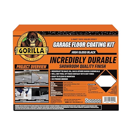 Gorilla Epoxy Garage Floor Coating (7 pc) Kit, 1-Car, Concrete Flooring, 100% Solids, Superior Adhesion, Incredibly Durable High Gloss Black Finish, 275 sq. ft. Coverage