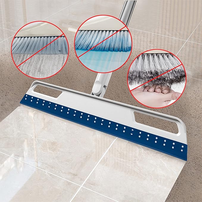 Multifunction Rubber Air Broom, Silicone Broom with 56" Long Handle, 4 in 1 Rubber Squeegee Sweeper for Floor Bathroom Kitchen Shower Tile Pet Hair Fur Marble Glass Water Window Foam Cleaning (Blue)