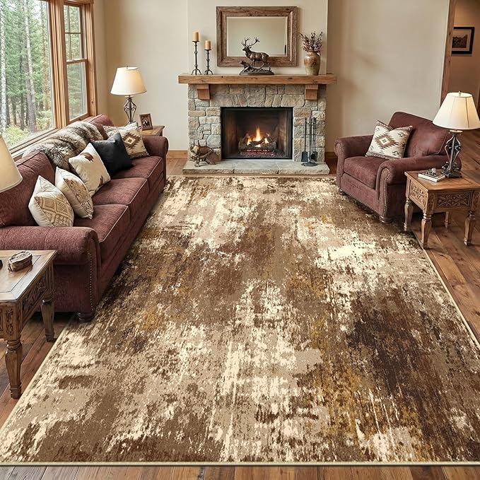 RELEANY Washable Area Rugs 6'x9' Non-Slip Modern Abstract Soft for Living Room Entryway Bedroom Nursery, Print Pattern, Brown Tan Beige Coffee