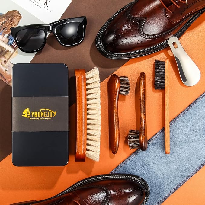 6 Pcs Horsehair Shoe Brush Kit Polishing Daubers Applicators Leather Care Brushes Shine Cleaning Cloth with Case(Shoe Brush Set A)