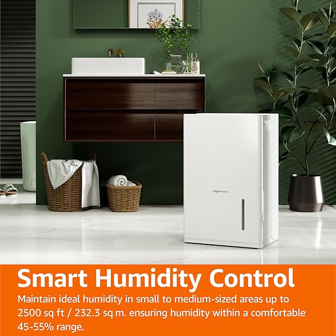 Amazon Basics 35-Pint Large Dehumidifier for Home, Energy Star Certified, Humidity Control, Auto-Defrost, Timer, Overflow Protection, for Rooms up to 2500 SFT, White
