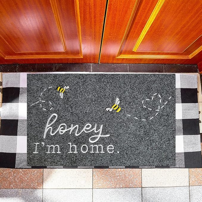 Front Door Mat, Bee Grey Welcome Mats Outdoor Indoor, Stain and Fade Resistant, Non-Slip Backing Entry Mat Low Profile Doormat for Entryway, 36×24 Large