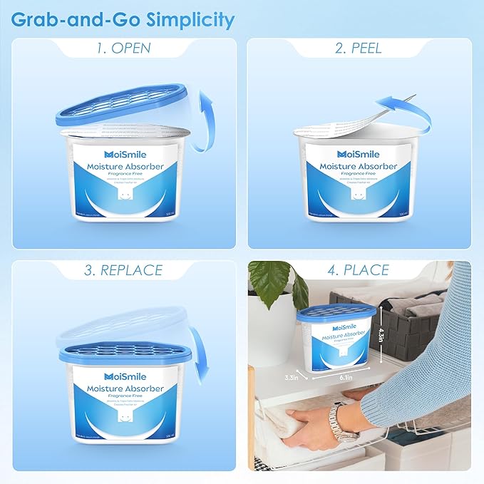 Moisture Absorbers, Efficient Humidity Absorber & Odor Eliminator Boxes, Refillable Car Dehumidifier for Closet, Bathroom, Basement& RV, 3 Pack, Fragrance Free