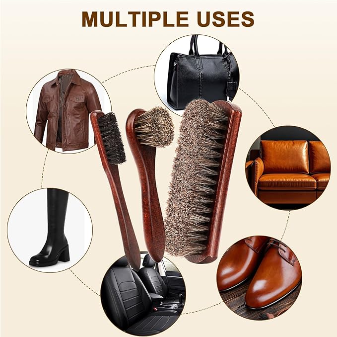 4-Piece 100% Horse Hair Shoe Brush Kit for Leather Care – Professional Dauber Applicators and Polishing Brushes with Cleaning Cloth for Leather Shoes, Boots, Bags, Jackets & Car Detailing