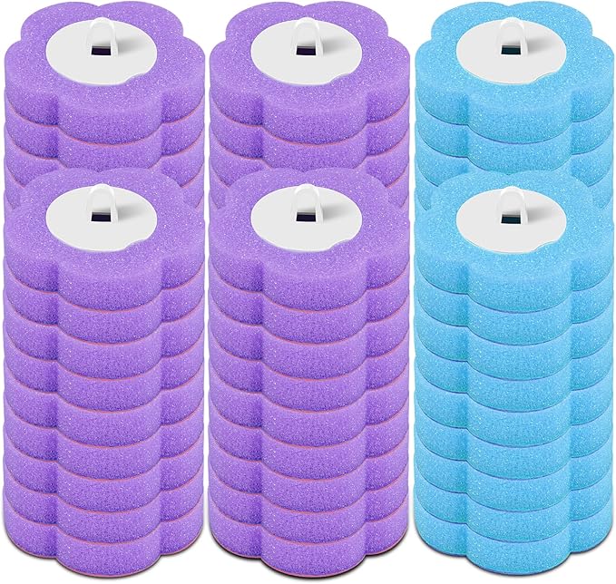 Toilet Brush Handle Kit, Toilet Wand Brush Head Disc, Disposable Toilet Bowl Cleaner Wand, Easy to Install for Bathroom Cleaning (Blue and Purple 36 Pieces Replacement Head)