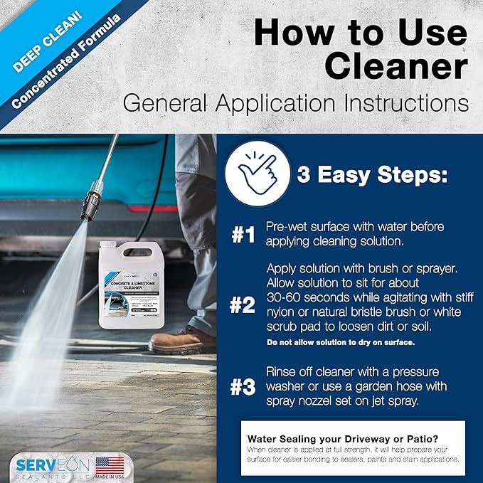 Serveon Sealants Concrete Cleaner (Concentrated Formula) Grout Stone Cleaner Water-Based Commercial Grade Outdoor Indoor Oil Stain Remover for Driveways Pavers Patios (1 Gallon) H2600
