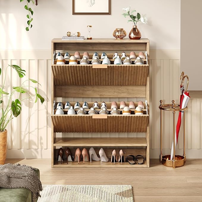Hootata 31.5''W Oak Shoe Storage Cabinet for Entryway with 2 Flip Drawers, Narrow Wood Fluted Shoe Rack Cabinet,Freestanding Slim Shoe Organizer Cabinet for Foyer, Hallway