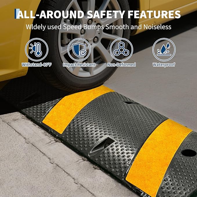 3 Pack 6FT Speed Bumps for Road, Heavy Duty 25,000 Lbs Capacity with 2 Channel Floor Cord Cover, 72" Parking Lot Speed Hump for Garage, Driveway, Warehouse - Includes Installation Parts, Black/Yellow