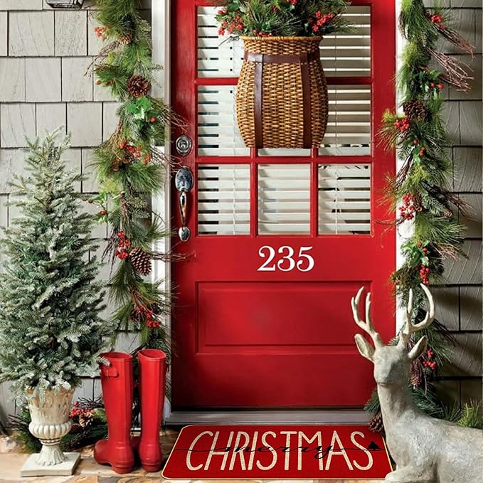 KORVITA Christmas Door Mat Merry Christmas Floor Mat Porch Decoration Mat Christmas Decoration Winter Anti-Slip Outdoor Indoor Low Profile Flax Floor Mat 17 x 29 Inch