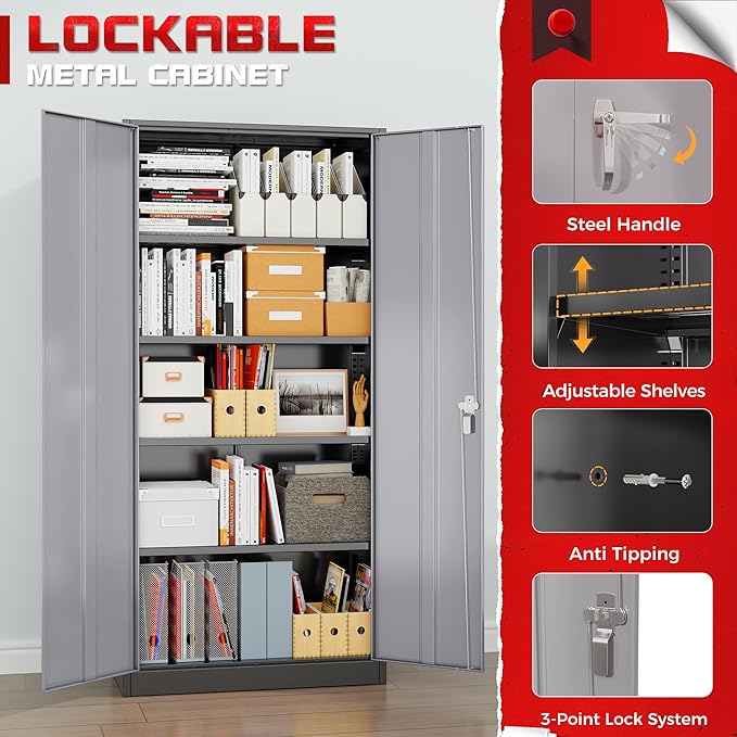 Bonusall 72" Metal Garage Storage Cabinet, Heavy-Duty Steel Cabinet with 2 Locking Doors & 4 Adjustable Shelves for Home, Office