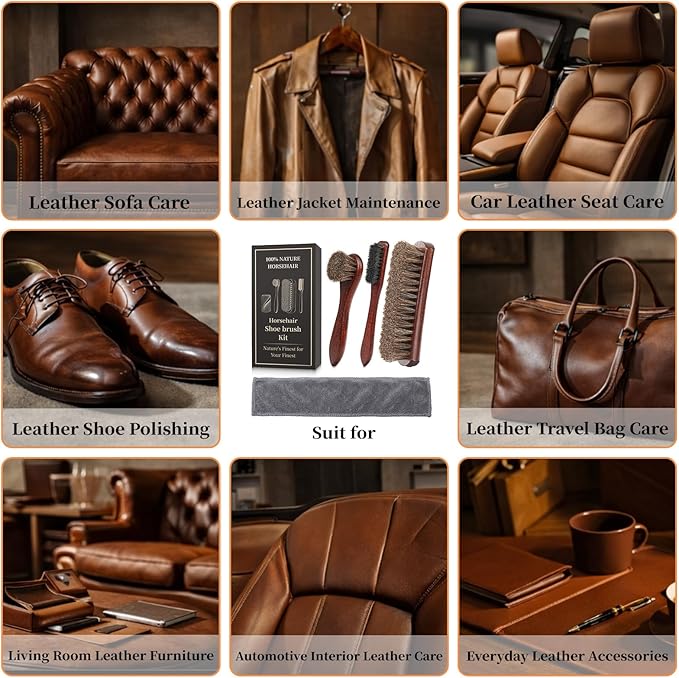 4PCS 100% Horse Hair Brush for Leather Shoe Brush Cleaning Boot Care Horse Hair Brush for Polishing Shining Buffing Dauber Applicator Suede Brush Professional Shoe Shine Brush for Cloth Car Seat Bag